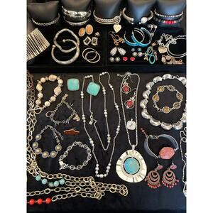 Huge 50pc VTG Estate Southwestern Turquoise Silver Necklace Earring Lot Bundle